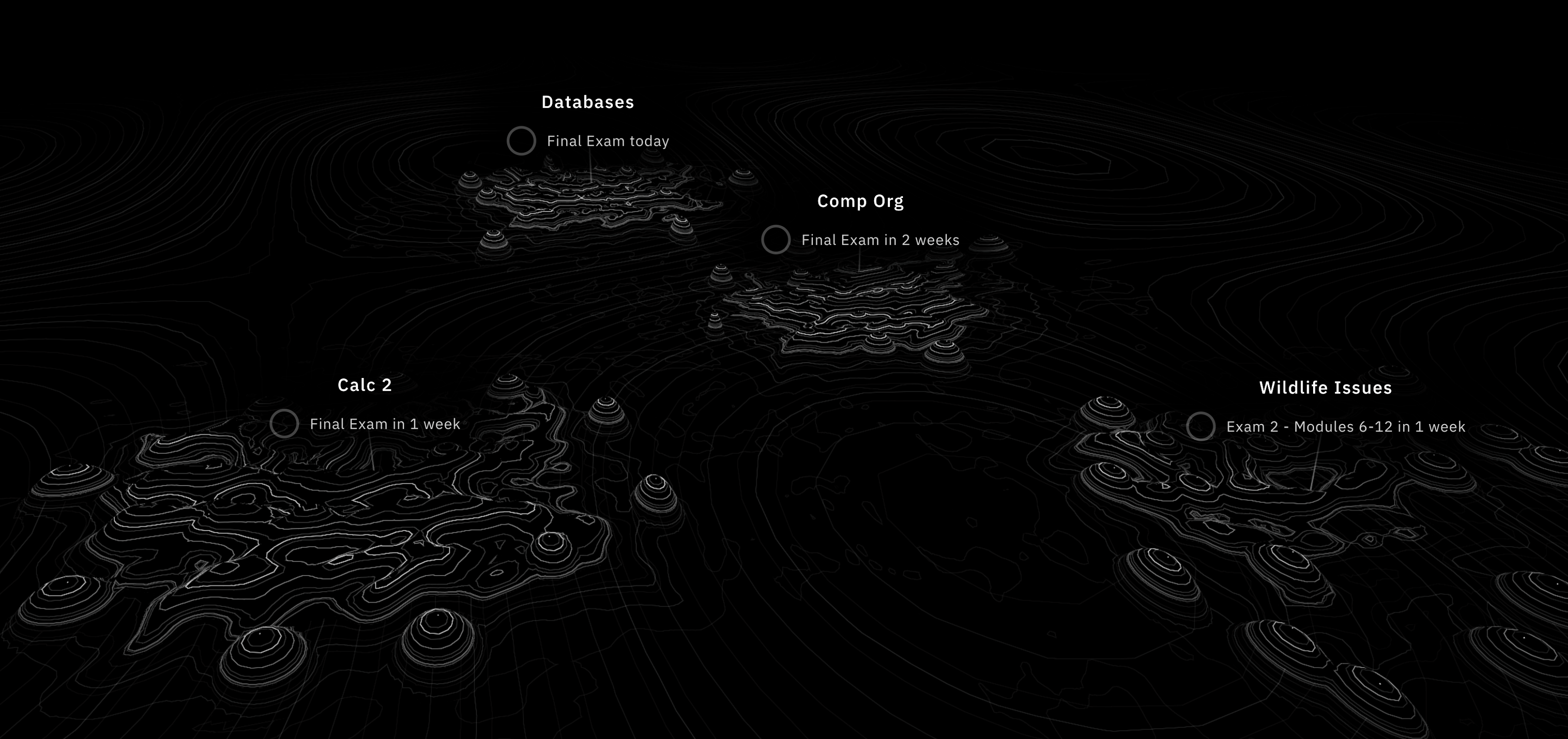 The finished Slate app, showing courses as islands on a topographic map with exam countdowns